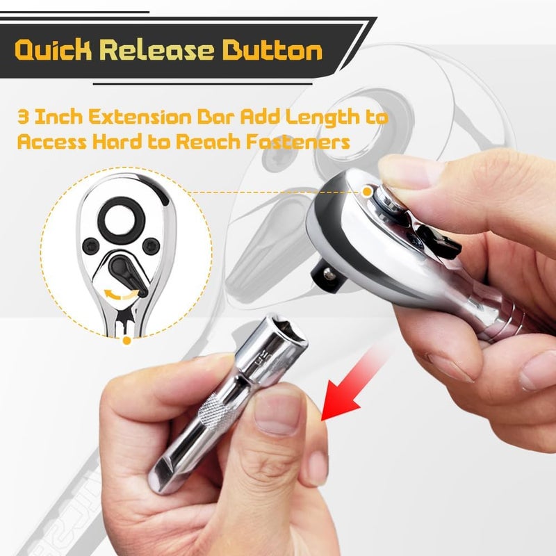 Tiosamd Stubby Ratchet Set- 3/8" Drive Ratchet Handle with a Extension Bars, Gift for Men 72-T Reversible Quick Release Head Premium Mini Ratchet Wrench for Narrow Spaces - Image 4